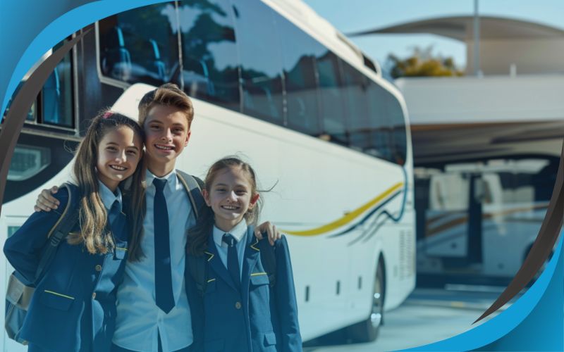 students posing in front of a coach with their teacher, affordable coach hire, June 2024, Australia